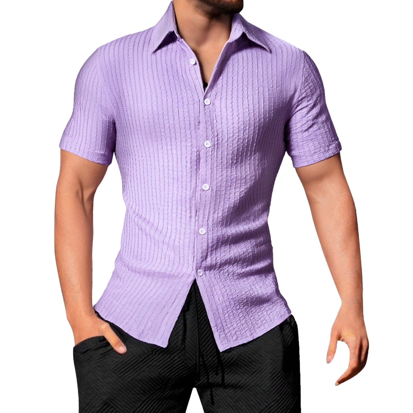 thumbnail image 2 of Camisa informal de manga corta a rayas para hombre: cuello abierto, corte holgado, para el verano, diseño resistente a las arrugas y fácil de cuidar, 2 of 6